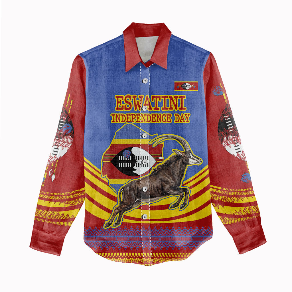 Eswatini Independence Day Women Casual Shirt Sable Antelope - Aloe Succulent - Flag Shield