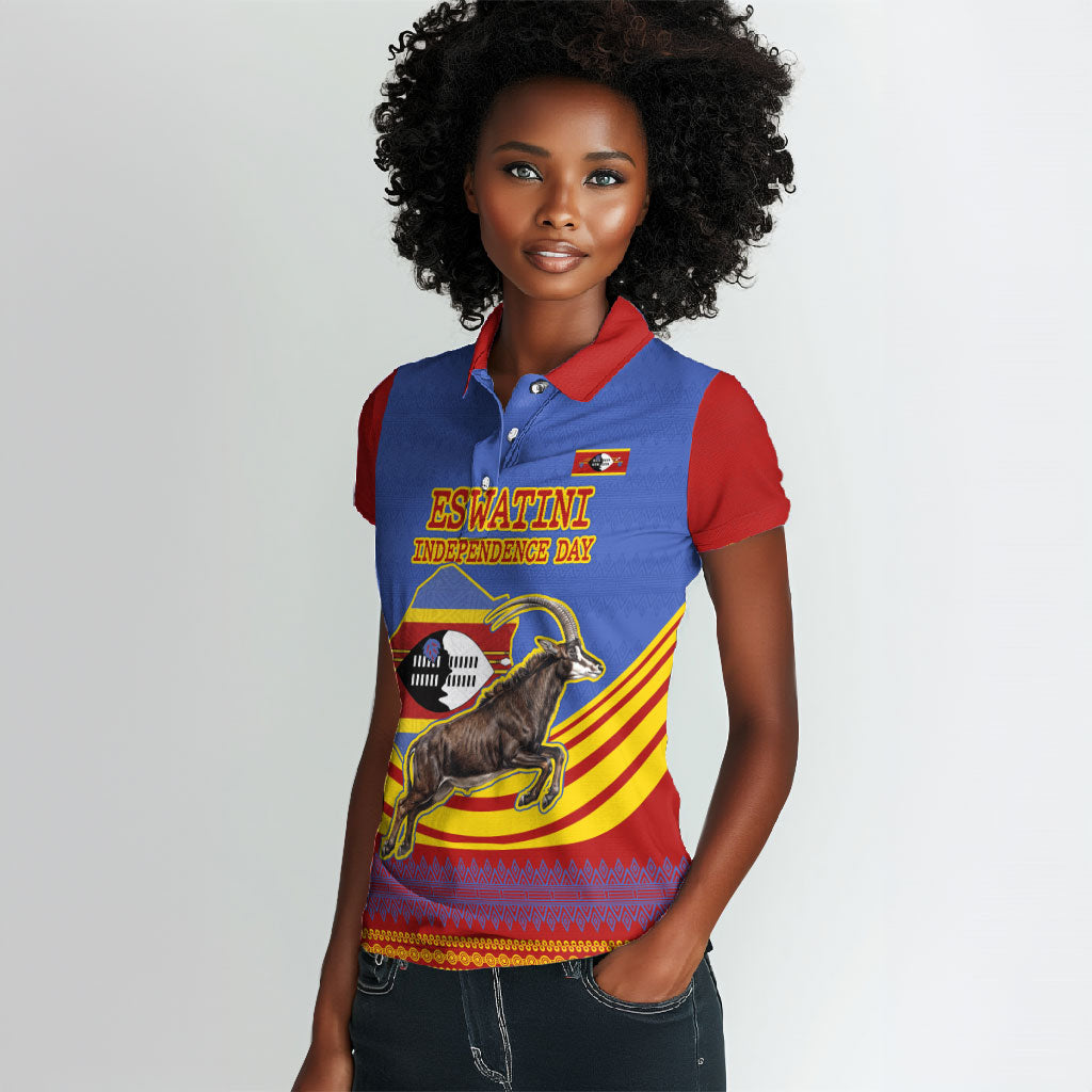 Eswatini Independence Day Women Polo Shirt Sable Antelope - Aloe Succulent - Flag Shield
