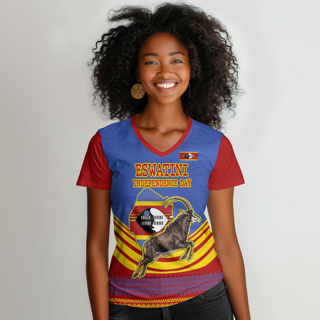 Eswatini Independence Day Women V-Neck T-Shirt Sable Antelope - Aloe Succulent - Flag Shield