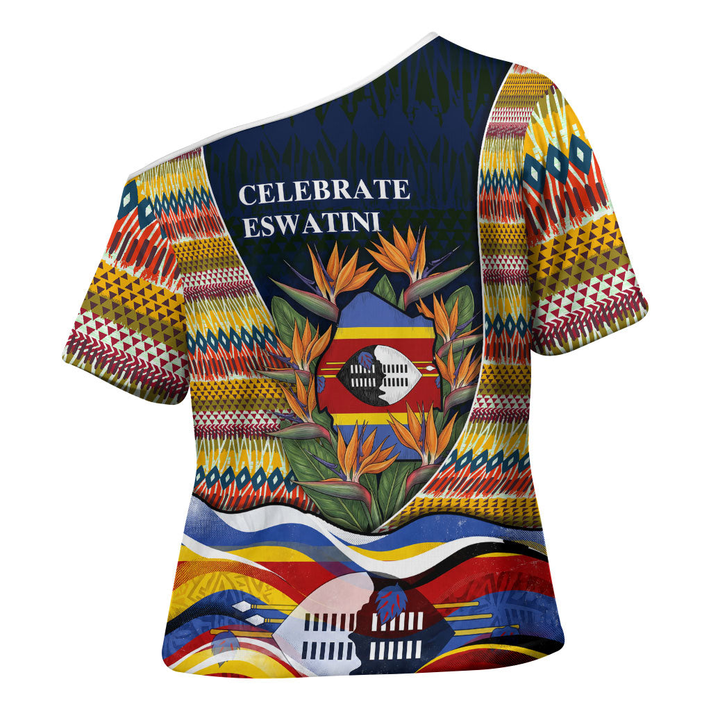 Eswatini Independence Day Cross Shoulder Shirt Freedom Pride - Lion Elephant - Strelitzia Flowers