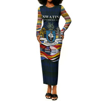 Eswatini Independence Day Long Sleeve Bodycon Dress Freedom Pride - Lion Elephant - Strelitzia Flowers
