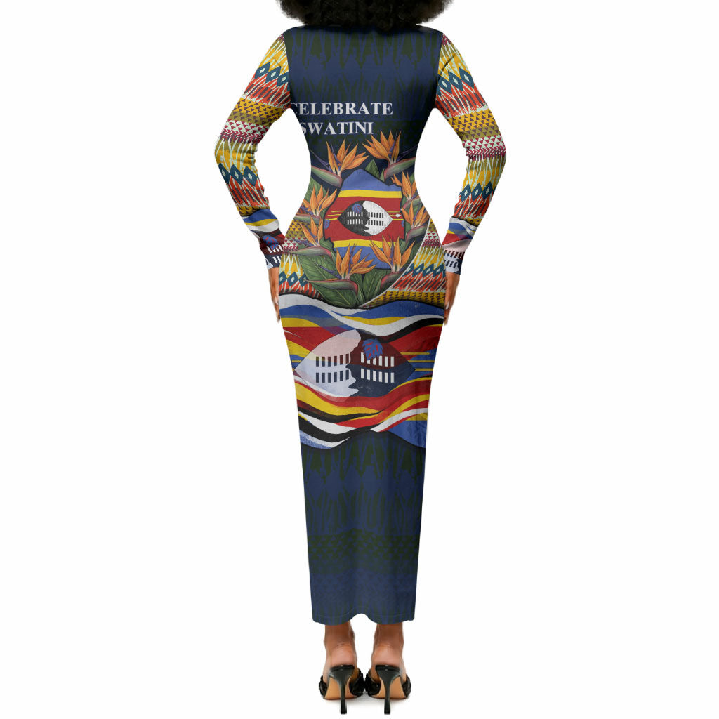 Eswatini Independence Day Long Sleeve Bodycon Dress Freedom Pride - Lion Elephant - Strelitzia Flowers