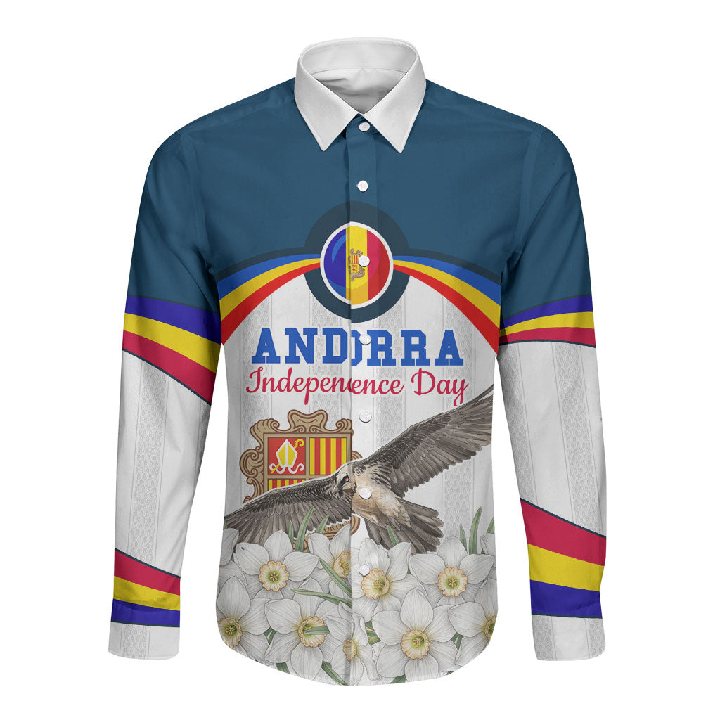 Andorra Independence Day Long Sleeve Button Shirt Freedom Grandella Narcissus Falcon Map Flag