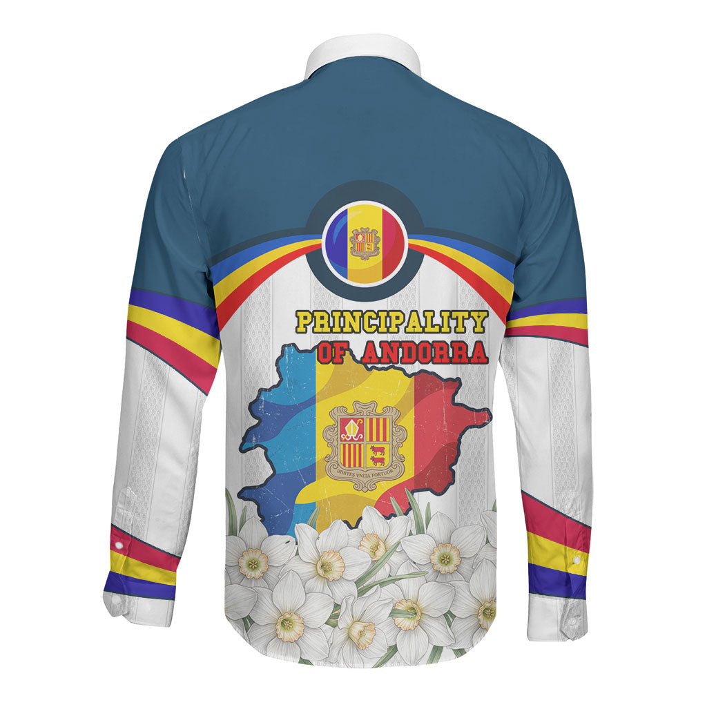 Andorra Independence Day Long Sleeve Button Shirt Freedom Grandella Narcissus Falcon Map Flag