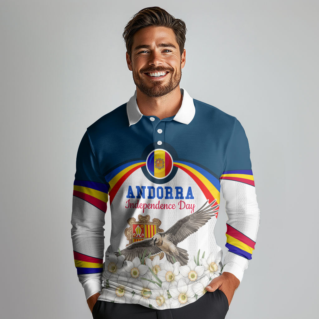 Andorra Independence Day Long Sleeve Polo Shirt Freedom Grandella Narcissus Falcon Map Flag