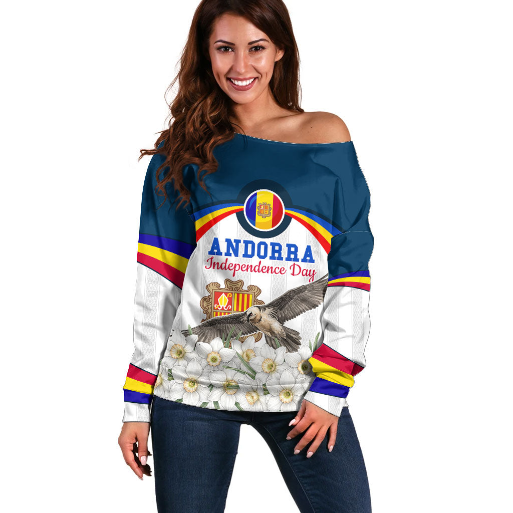 Andorra Independence Day Off Shoulder Sweater Freedom Grandella Narcissus Falcon Map Flag