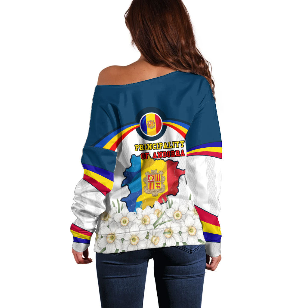Andorra Independence Day Off Shoulder Sweater Freedom Grandella Narcissus Falcon Map Flag