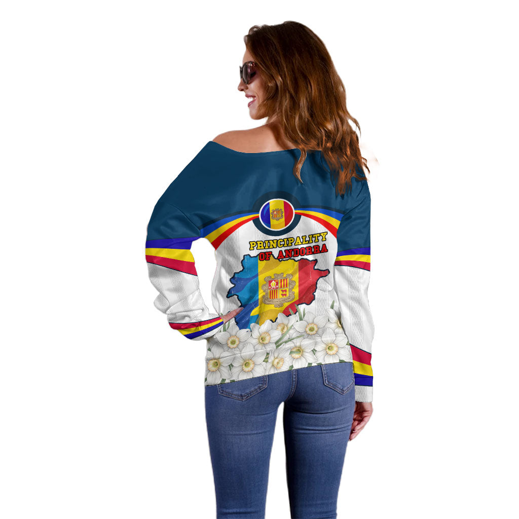 Andorra Independence Day Off Shoulder Sweater Freedom Grandella Narcissus Falcon Map Flag