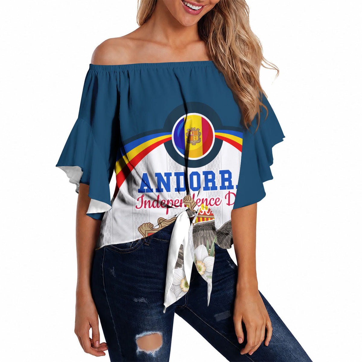 Andorra Independence Day Off Shoulder Wrap Waist Top Freedom Grandella Narcissus Falcon Map Flag