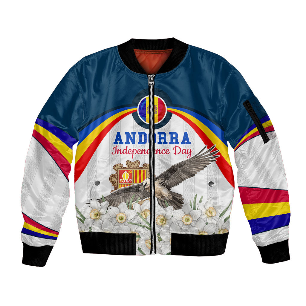 Andorra Independence Day Sleeve Zip Bomber Jacket Freedom Grandella Narcissus Falcon Map Flag