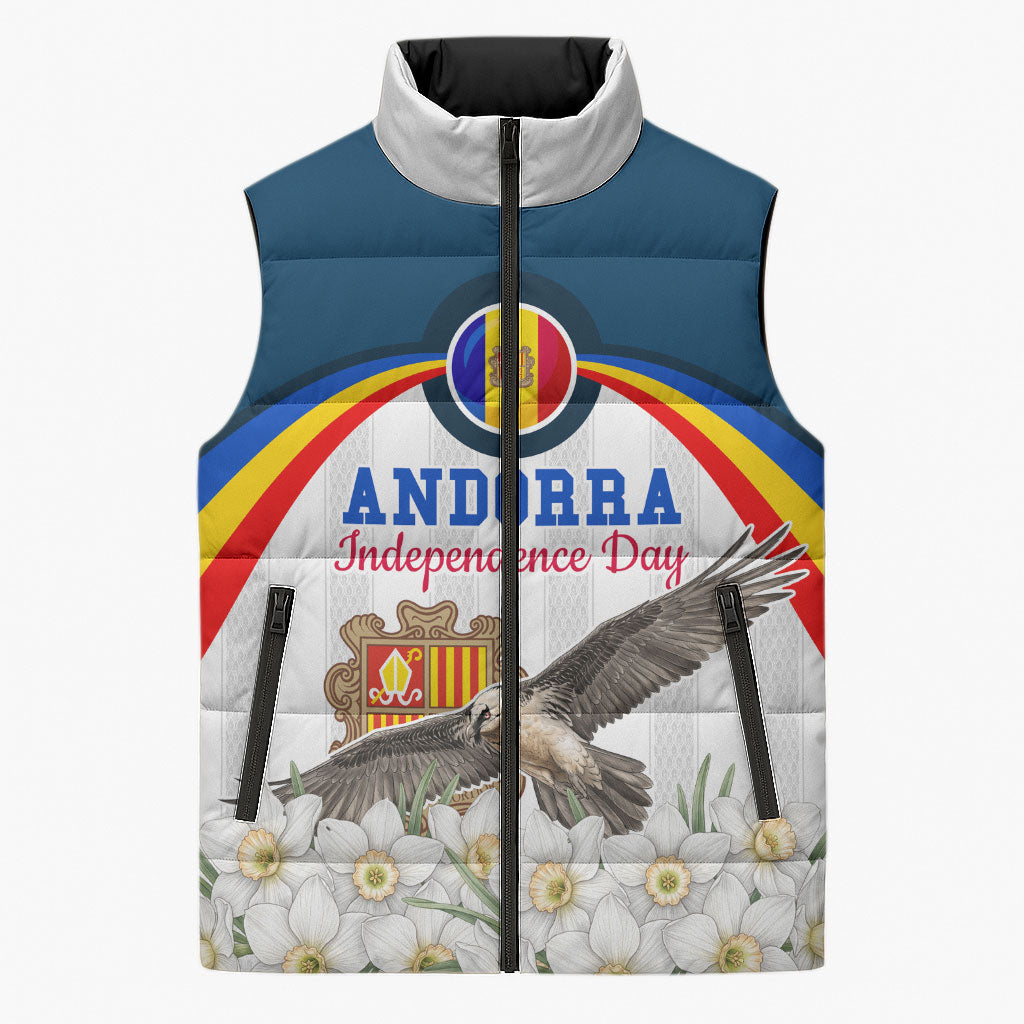 Andorra Independence Day Sleeveless Puffer Jacket Freedom Grandella Narcissus Falcon Map Flag