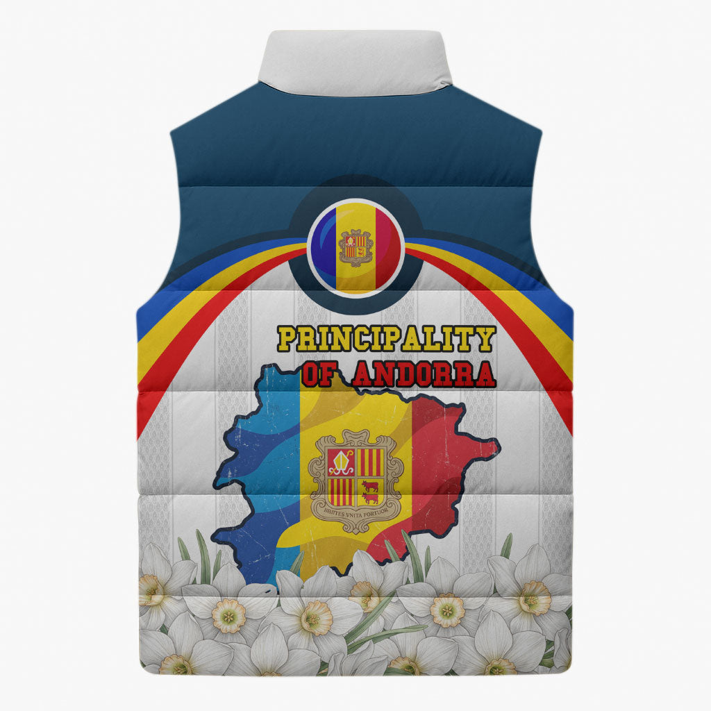 Andorra Independence Day Sleeveless Puffer Jacket Freedom Grandella Narcissus Falcon Map Flag