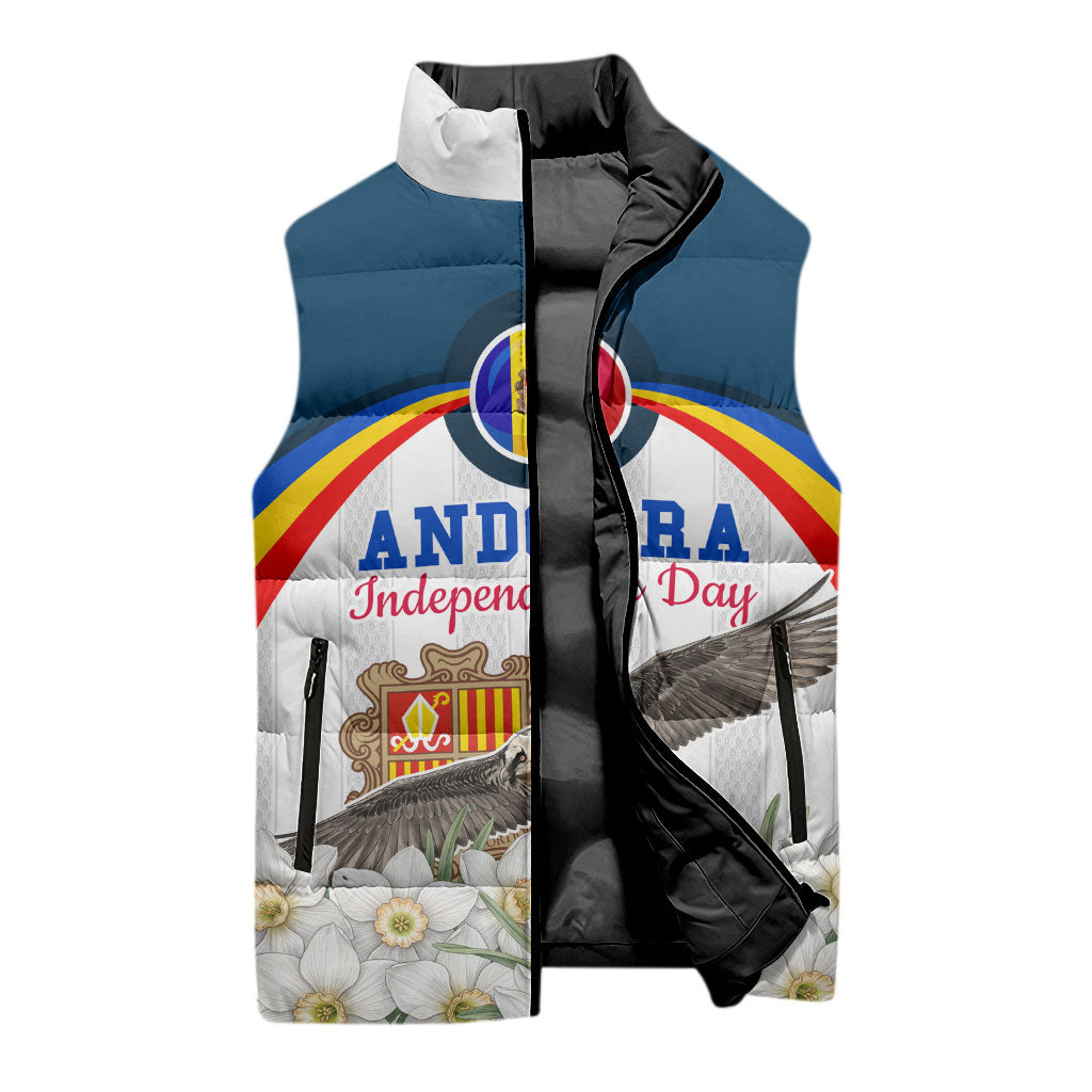 Andorra Independence Day Sleeveless Puffer Jacket Freedom Grandella Narcissus Falcon Map Flag