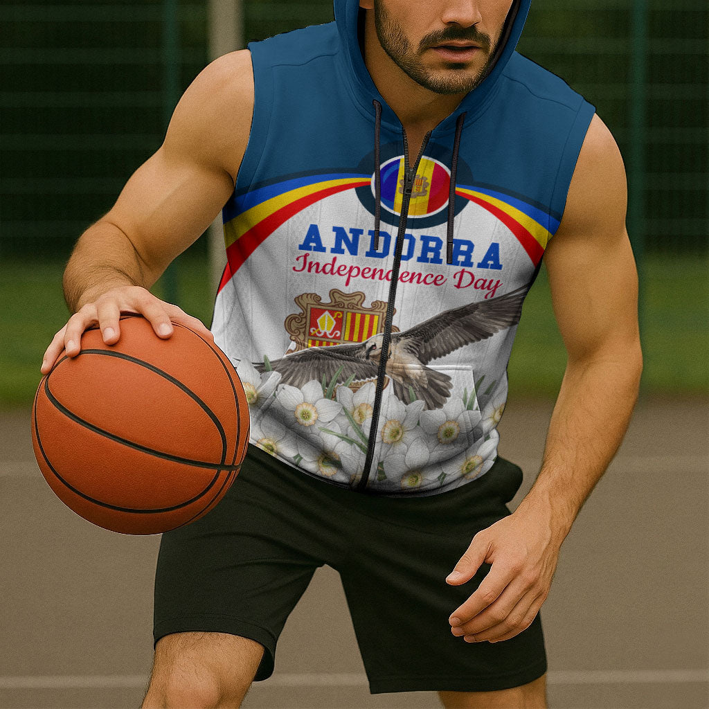 Andorra Independence Day Sleeveless Zip Hoodie Freedom Grandella Narcissus Falcon Map Flag