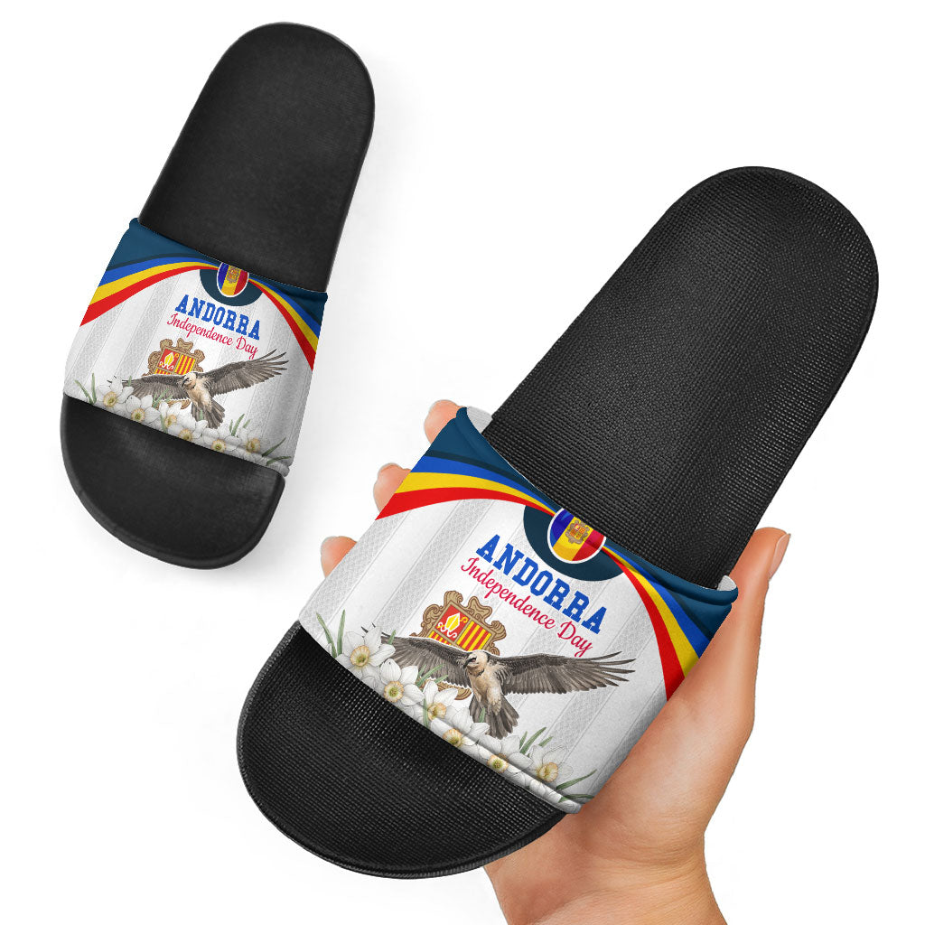 Andorra Independence Day Slide Sandals Freedom Grandella Narcissus Falcon Map Flag