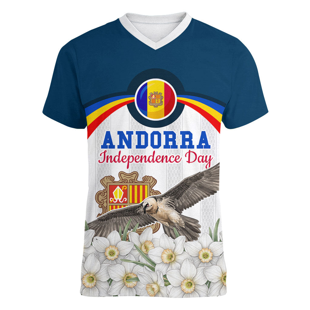 Andorra Independence Day Women V-Neck T-Shirt Freedom Grandella Narcissus Falcon Map Flag