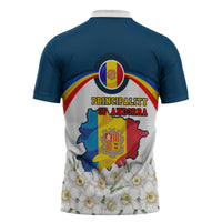 Andorra Independence Day Zipper Polo Shirt Freedom Grandella Narcissus Falcon Map Flag