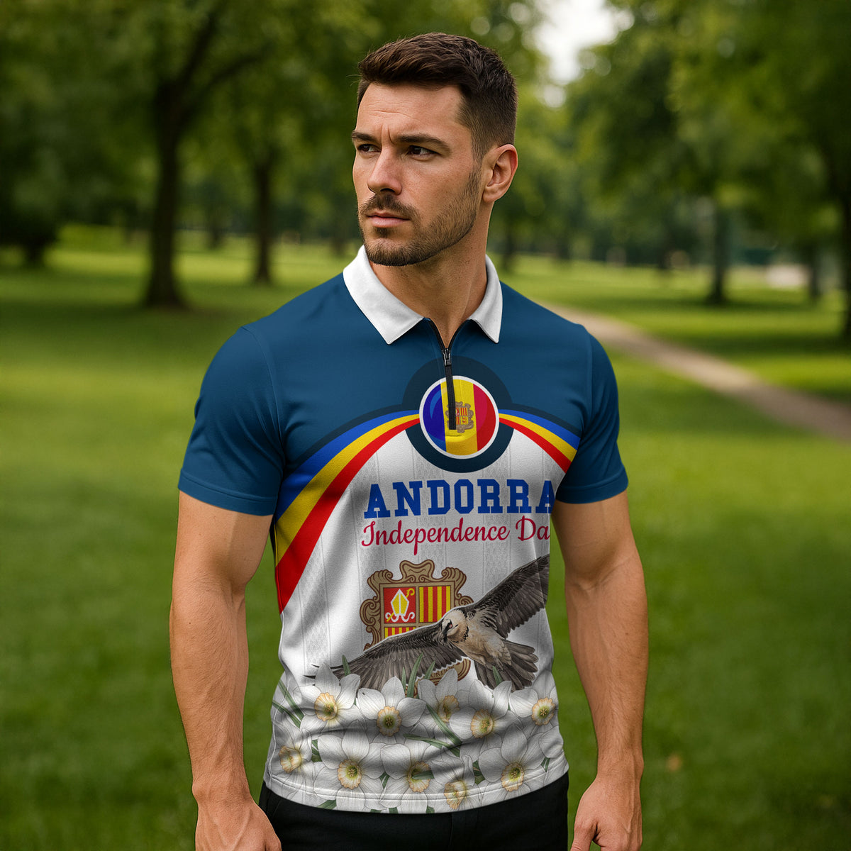 Andorra Independence Day Zipper Polo Shirt Freedom Grandella Narcissus Falcon Map Flag