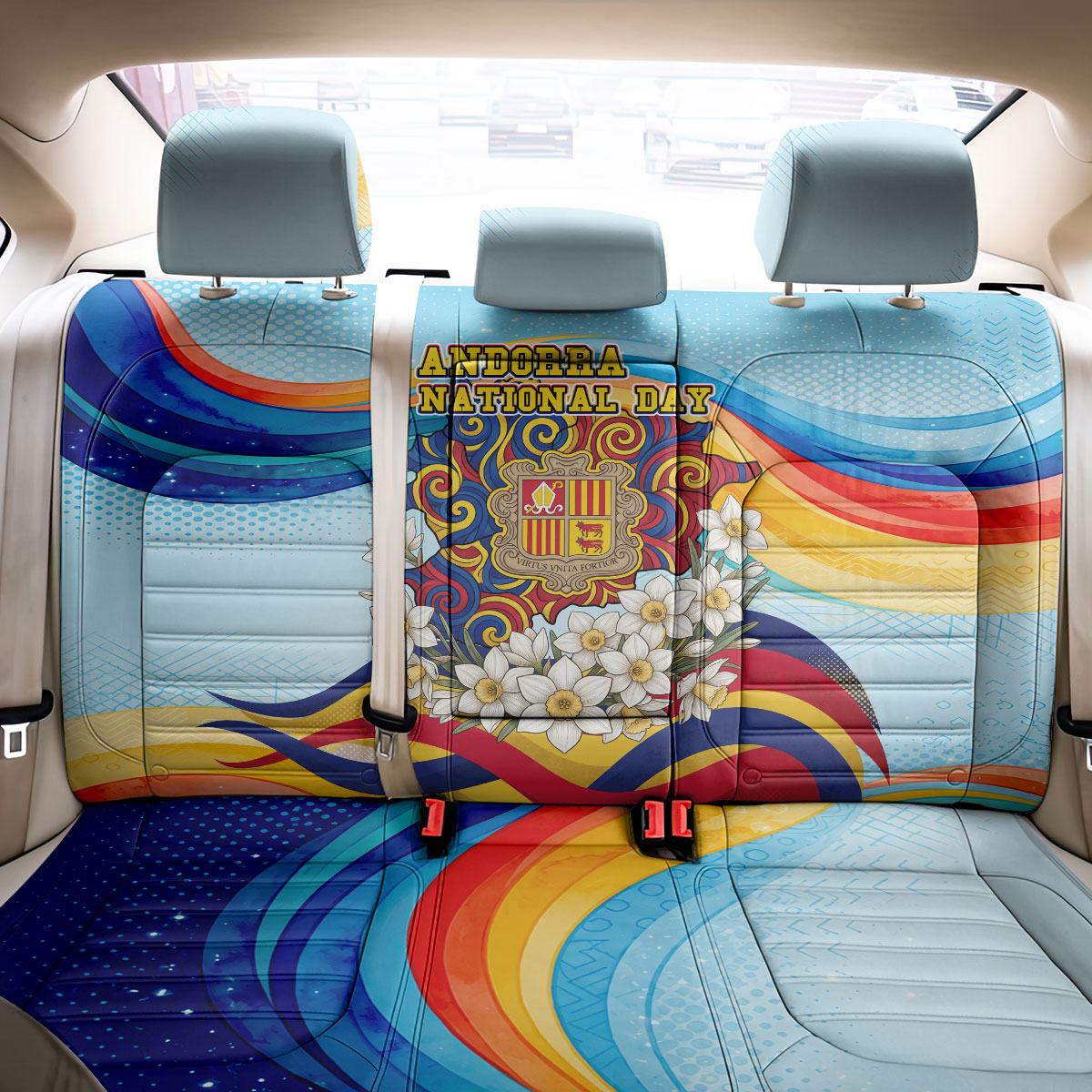 Andorra National Day Back Car Seat Cover Coat Of Arms Daffodil Flower Cultural Heritage
