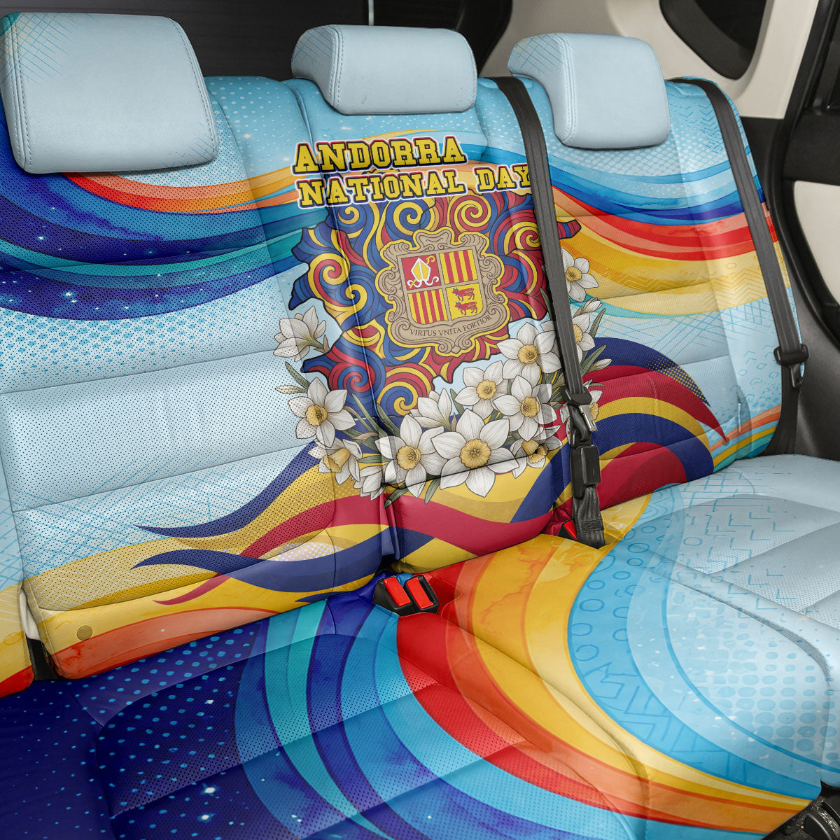 Andorra National Day Back Car Seat Cover Coat Of Arms Daffodil Flower Cultural Heritage