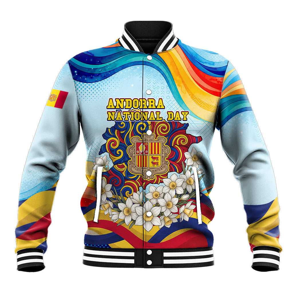 Andorra National Day Baseball Jacket Coat Of Arms Daffodil Flower Cultural Heritage