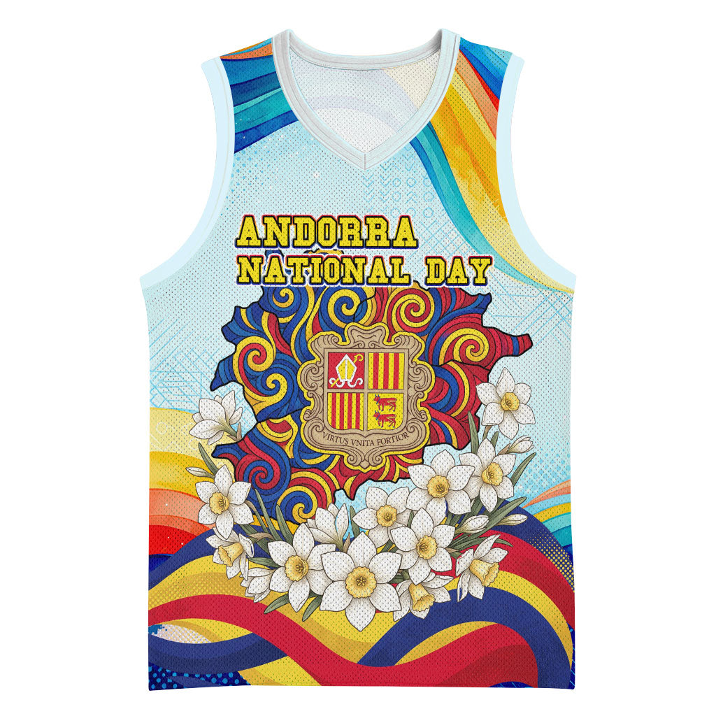 Andorra National Day Basketball Jersey Coat Of Arms Daffodil Flower Cultural Heritage