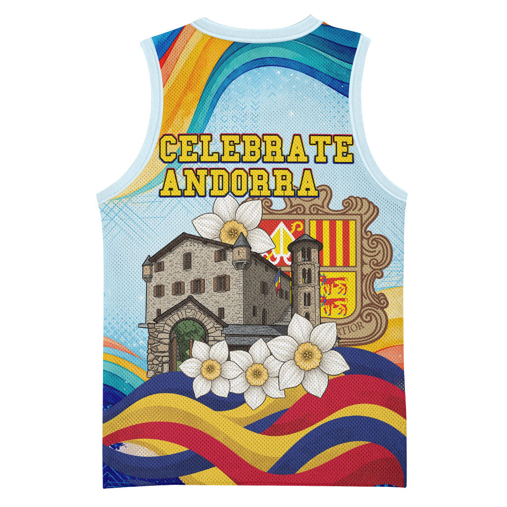 Andorra National Day Basketball Jersey Coat Of Arms Daffodil Flower Cultural Heritage