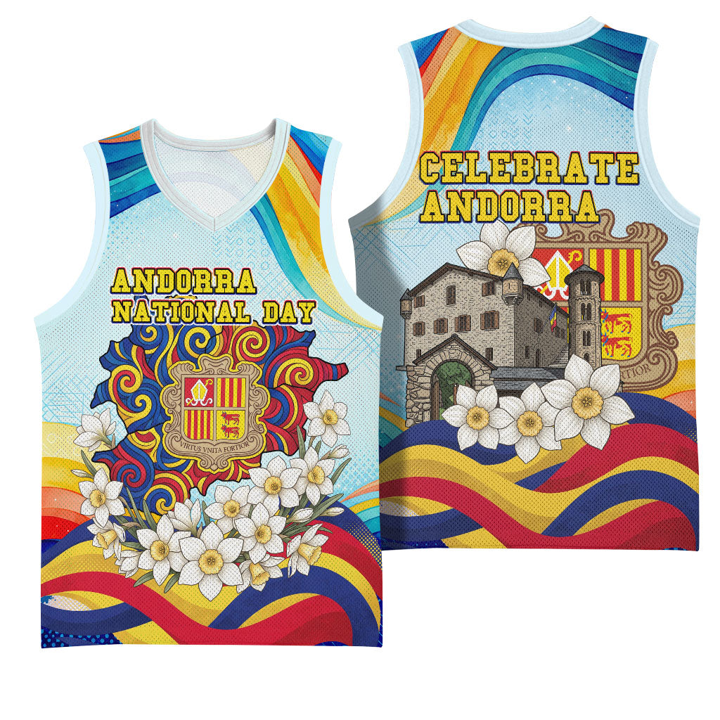 Andorra National Day Basketball Jersey Coat Of Arms Daffodil Flower Cultural Heritage