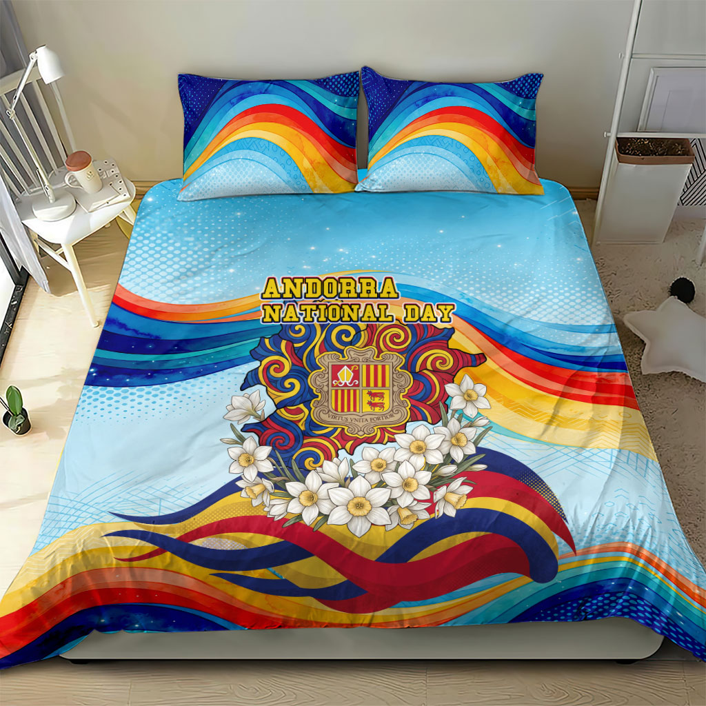 Andorra National Day Bedding Set Coat Of Arms Daffodil Flower Cultural Heritage