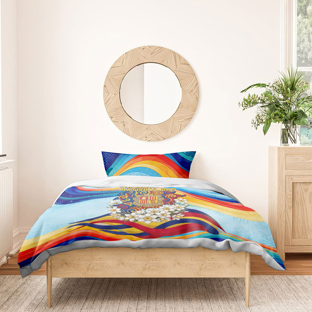 Andorra National Day Bedding Set Coat Of Arms Daffodil Flower Cultural Heritage