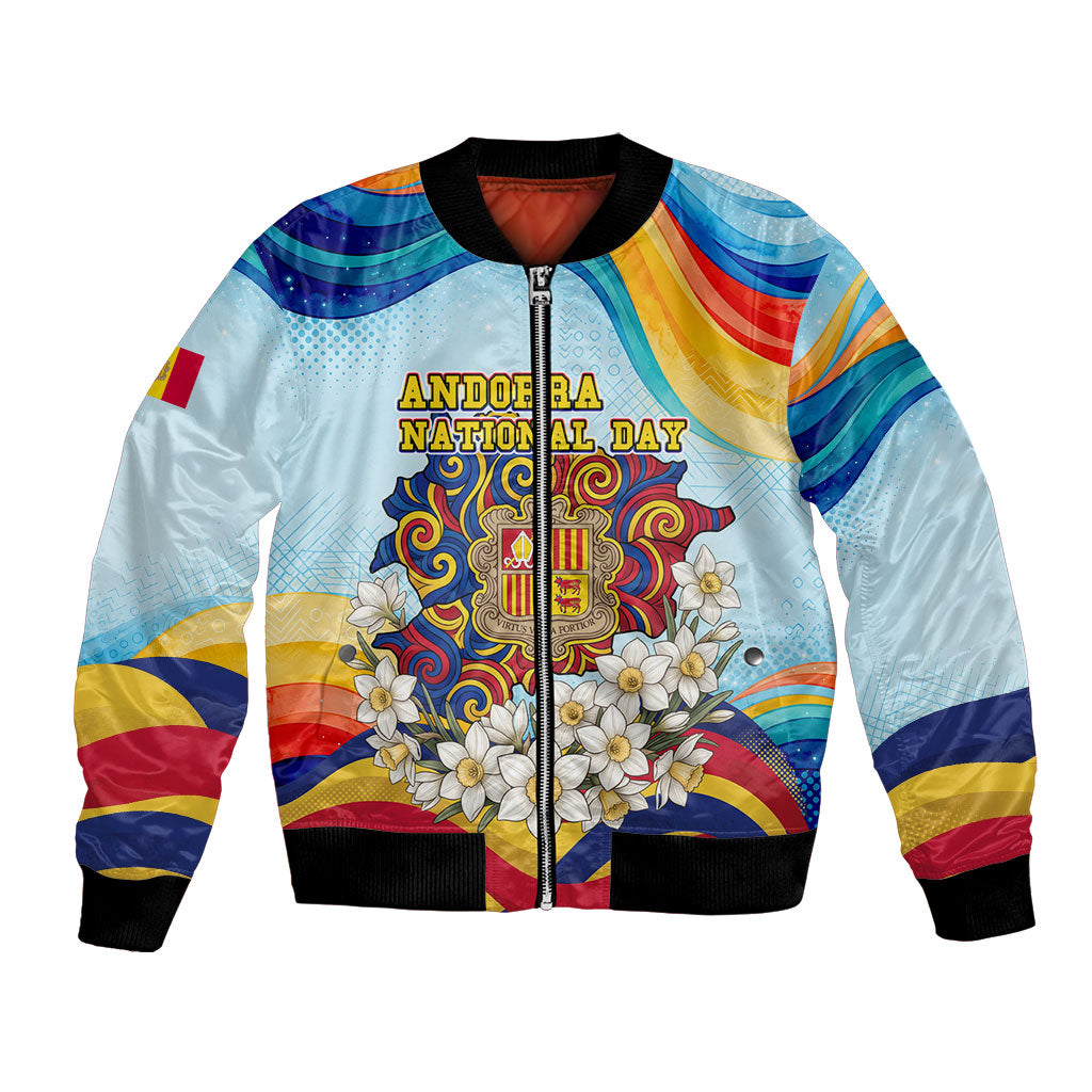 Andorra National Day Bomber Jacket Coat Of Arms Daffodil Flower Cultural Heritage