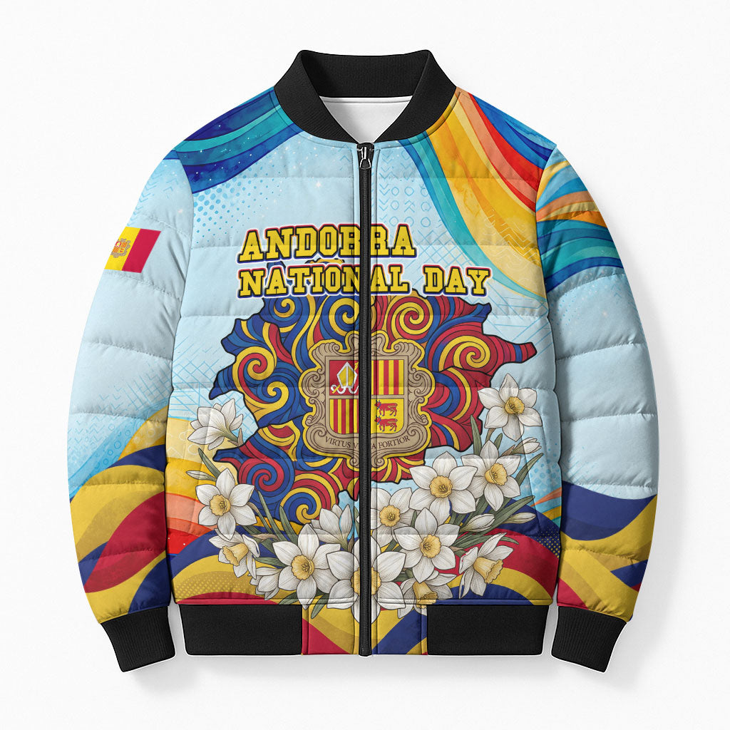 Andorra National Day Bomber Puffer Jacket Coat Of Arms Daffodil Flower Cultural Heritage
