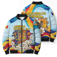 Andorra National Day Bomber Puffer Jacket Coat Of Arms Daffodil Flower Cultural Heritage