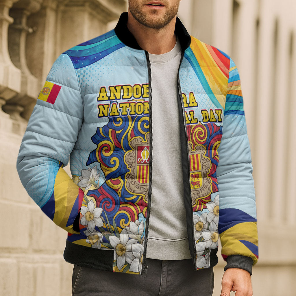 Andorra National Day Bomber Puffer Jacket Coat Of Arms Daffodil Flower Cultural Heritage
