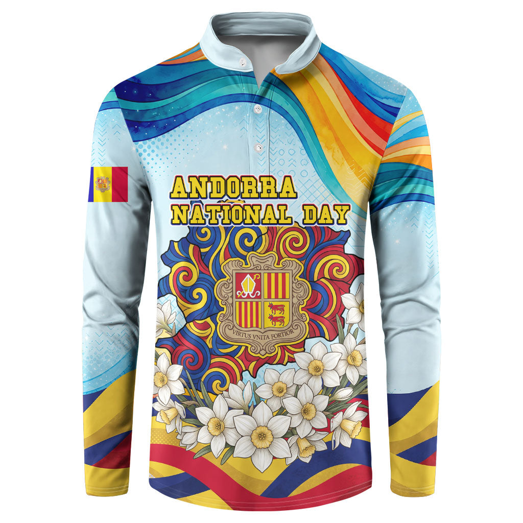 Andorra National Day Button Sweatshirt Coat Of Arms Daffodil Flower Cultural Heritage