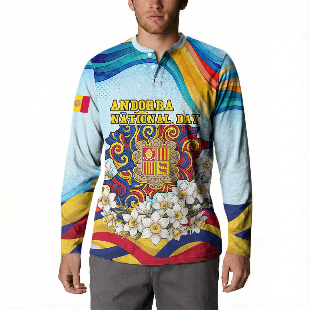 Andorra National Day Button Sweatshirt Coat Of Arms Daffodil Flower Cultural Heritage