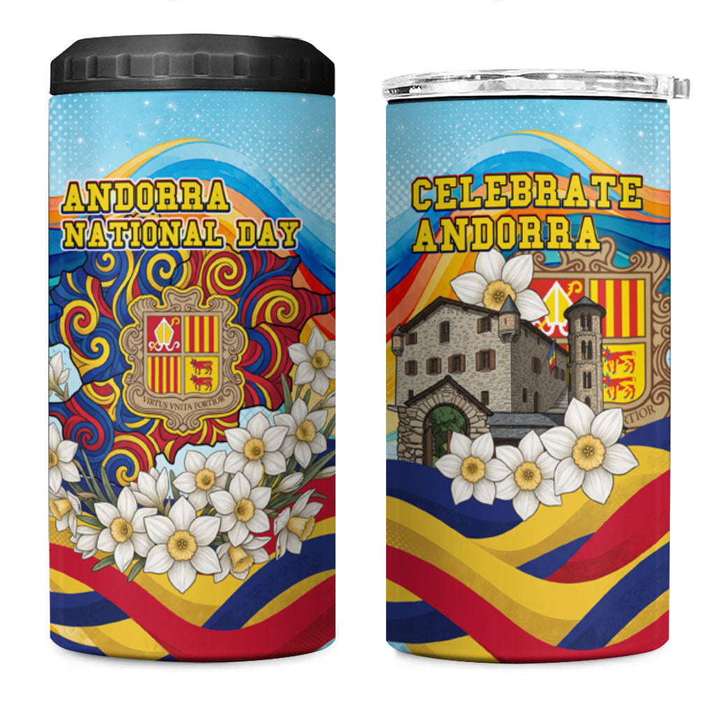 Andorra National Day 4 in 1 Can Cooler Tumbler Coat Of Arms Daffodil Flower Cultural Heritage