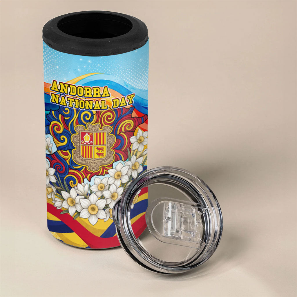 Andorra National Day 4 in 1 Can Cooler Tumbler Coat Of Arms Daffodil Flower Cultural Heritage