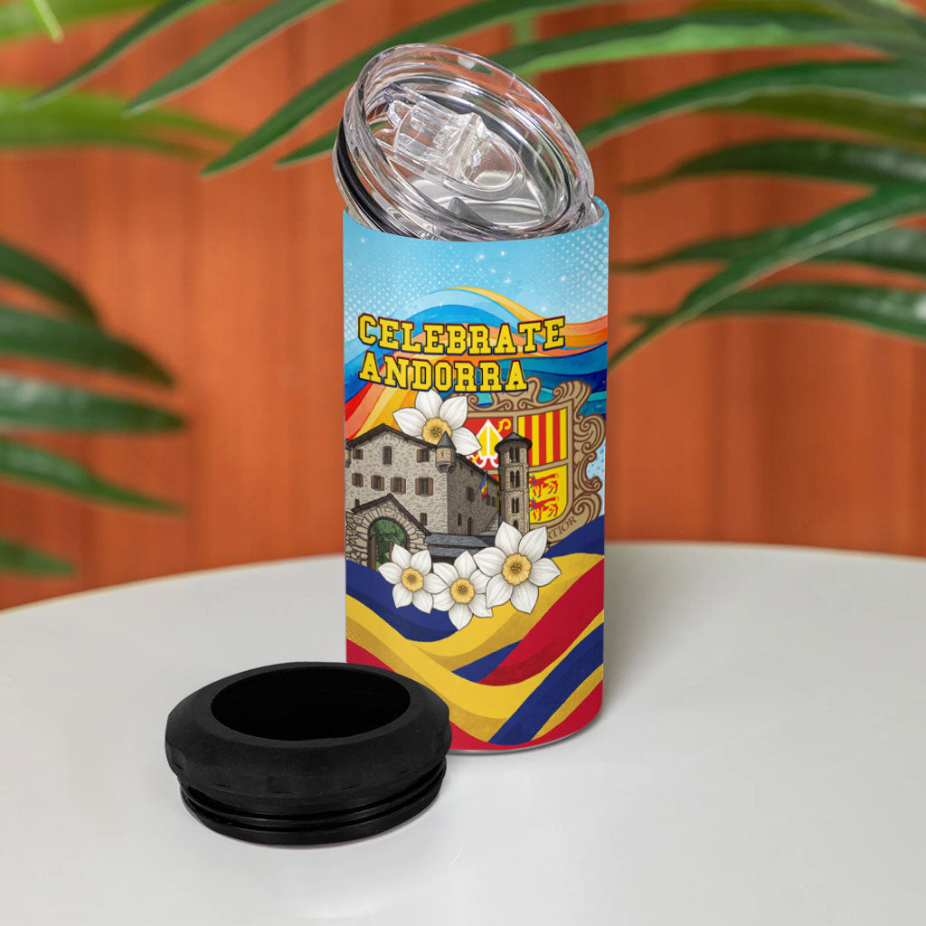 Andorra National Day 4 in 1 Can Cooler Tumbler Coat Of Arms Daffodil Flower Cultural Heritage