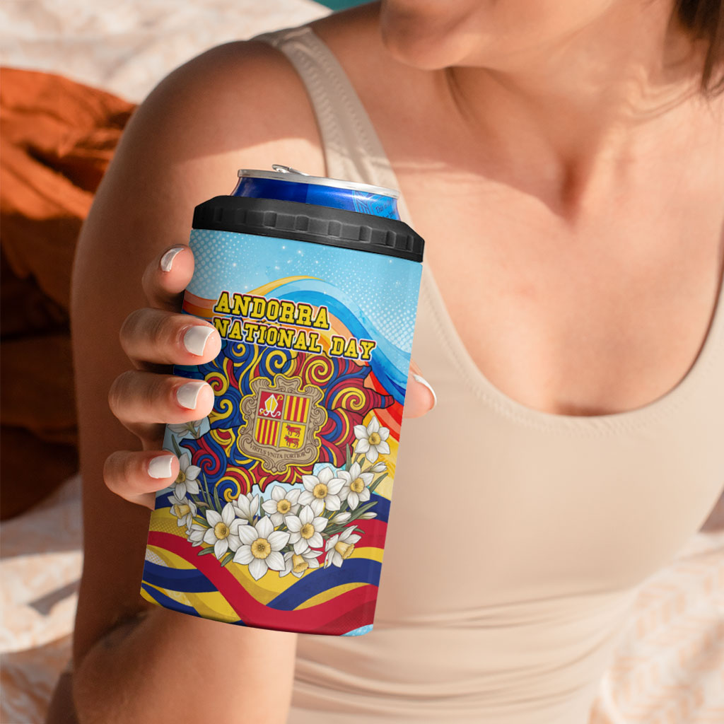 Andorra National Day 4 in 1 Can Cooler Tumbler Coat Of Arms Daffodil Flower Cultural Heritage