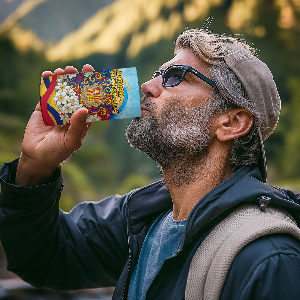 Andorra National Day 4 in 1 Can Cooler Tumbler Coat Of Arms Daffodil Flower Cultural Heritage