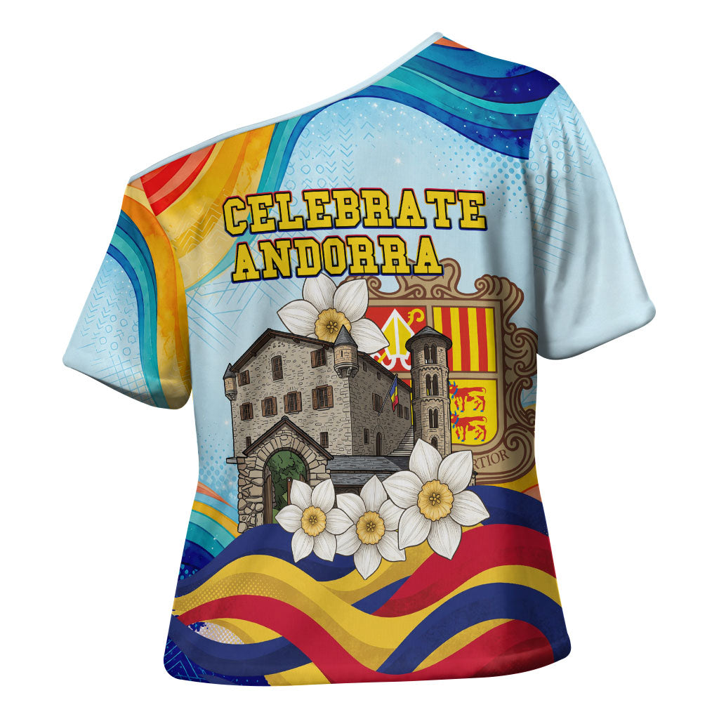 Andorra National Day Cross Shoulder Shirt Coat Of Arms Daffodil Flower Cultural Heritage