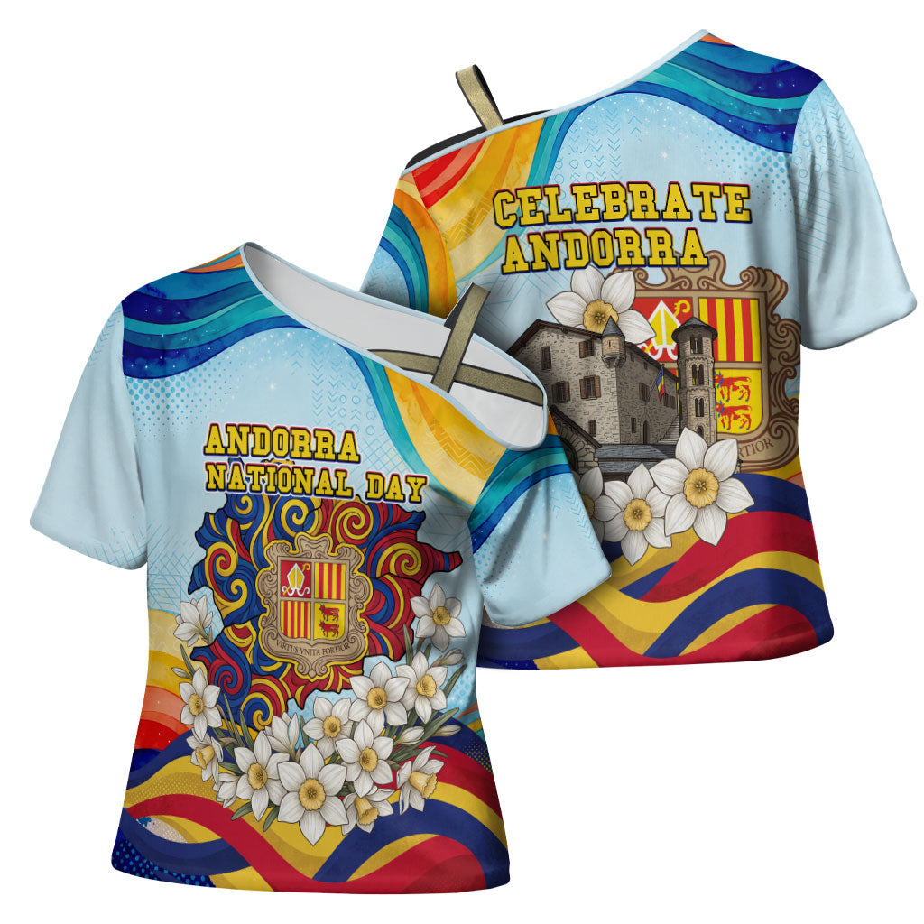Andorra National Day Cross Shoulder Shirt Coat Of Arms Daffodil Flower Cultural Heritage