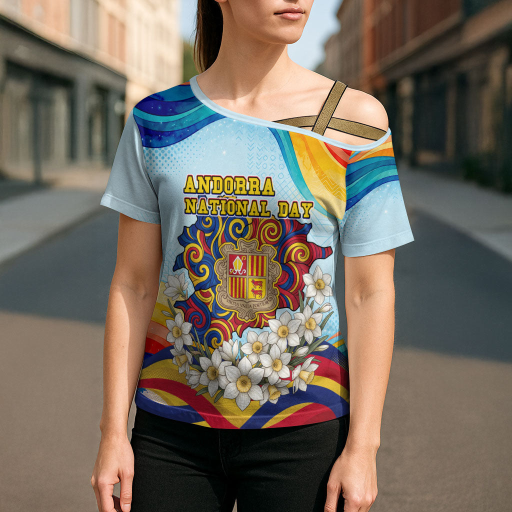 Andorra National Day Cross Shoulder Shirt Coat Of Arms Daffodil Flower Cultural Heritage