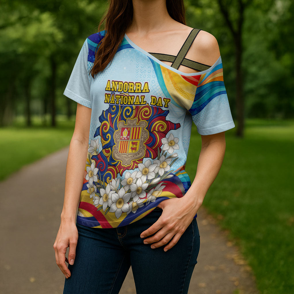 Andorra National Day Cross Shoulder Shirt Coat Of Arms Daffodil Flower Cultural Heritage
