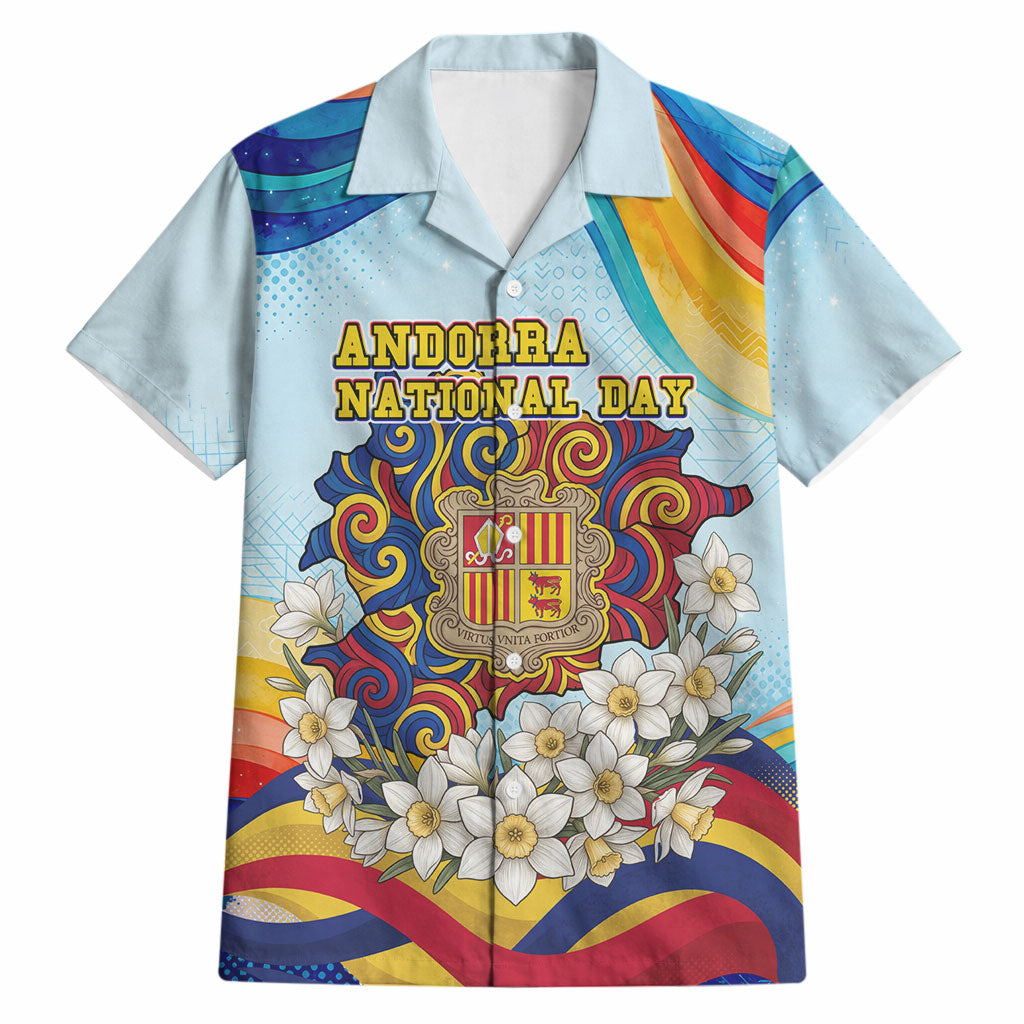 Andorra National Day Hawaiian Shirt Coat Of Arms Daffodil Flower Cultural Heritage
