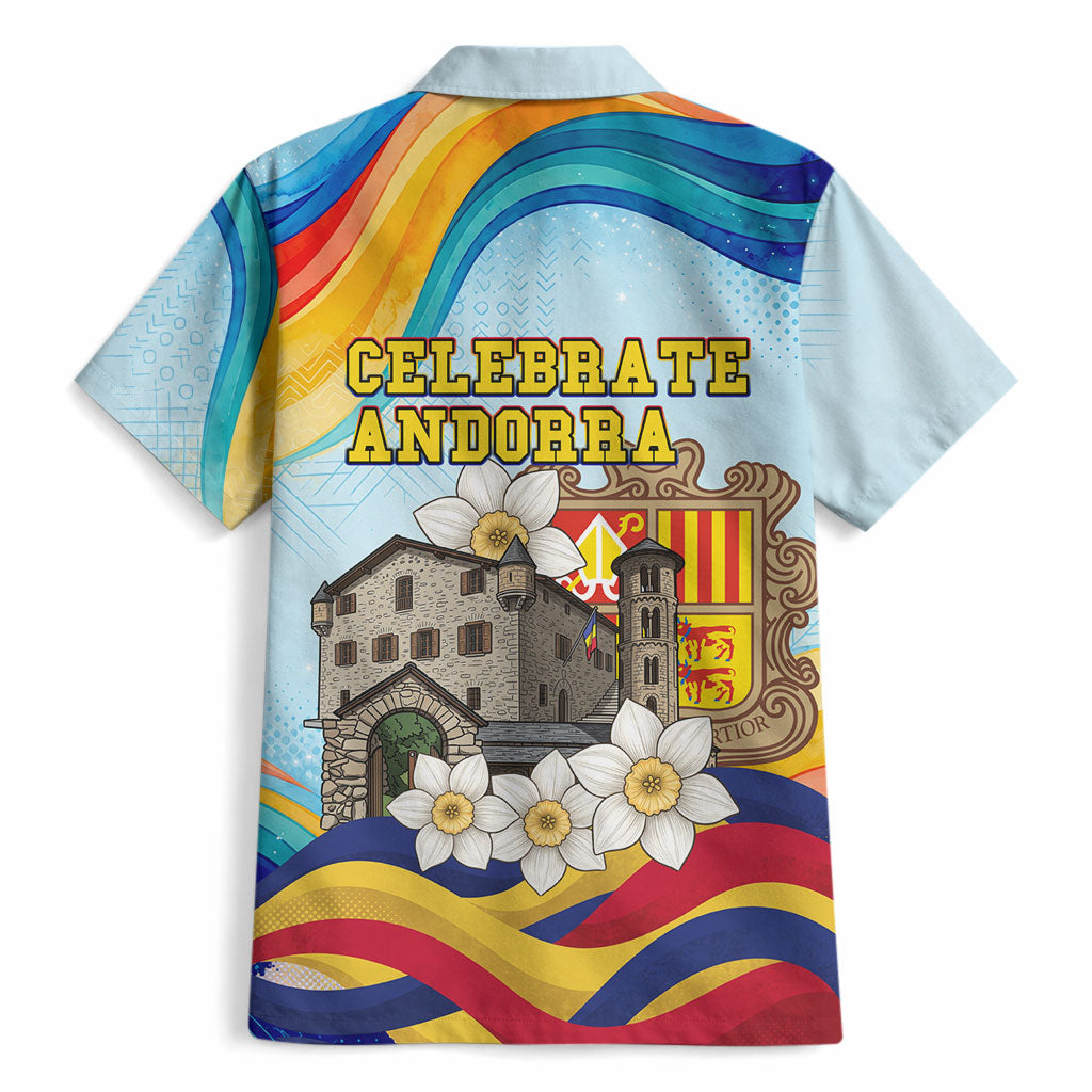 Andorra National Day Hawaiian Shirt Coat Of Arms Daffodil Flower Cultural Heritage