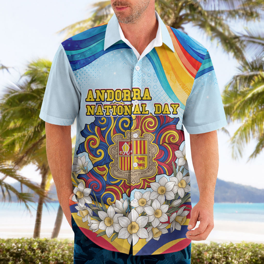 Andorra National Day Hawaiian Shirt Coat Of Arms Daffodil Flower Cultural Heritage