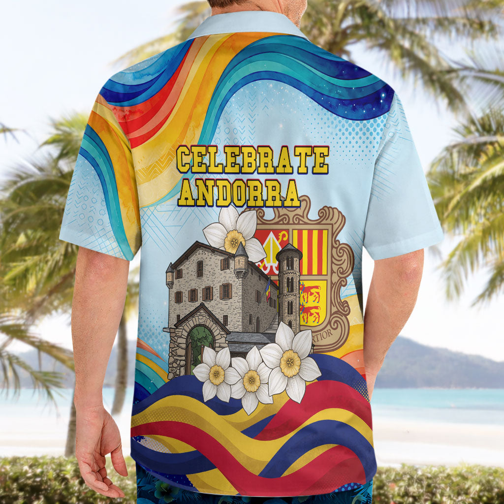 Andorra National Day Hawaiian Shirt Coat Of Arms Daffodil Flower Cultural Heritage