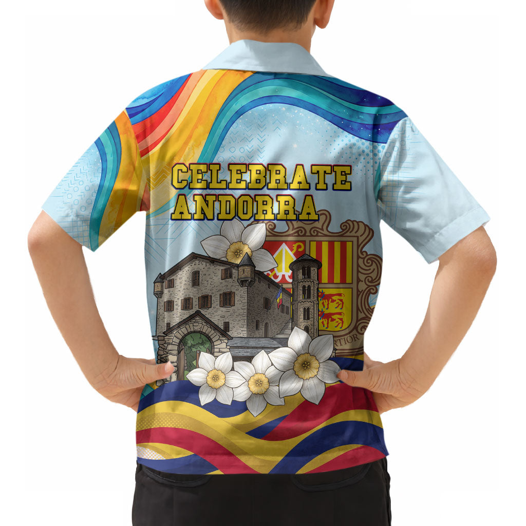 Andorra National Day Kid Hawaiian Shirt Coat Of Arms Daffodil Flower Cultural Heritage